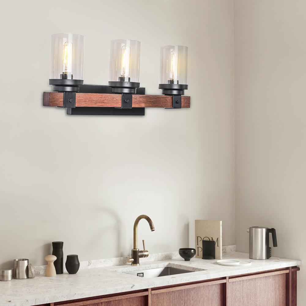 3-Light Metal Wood Wall Sconce Light with Glass Cylinder